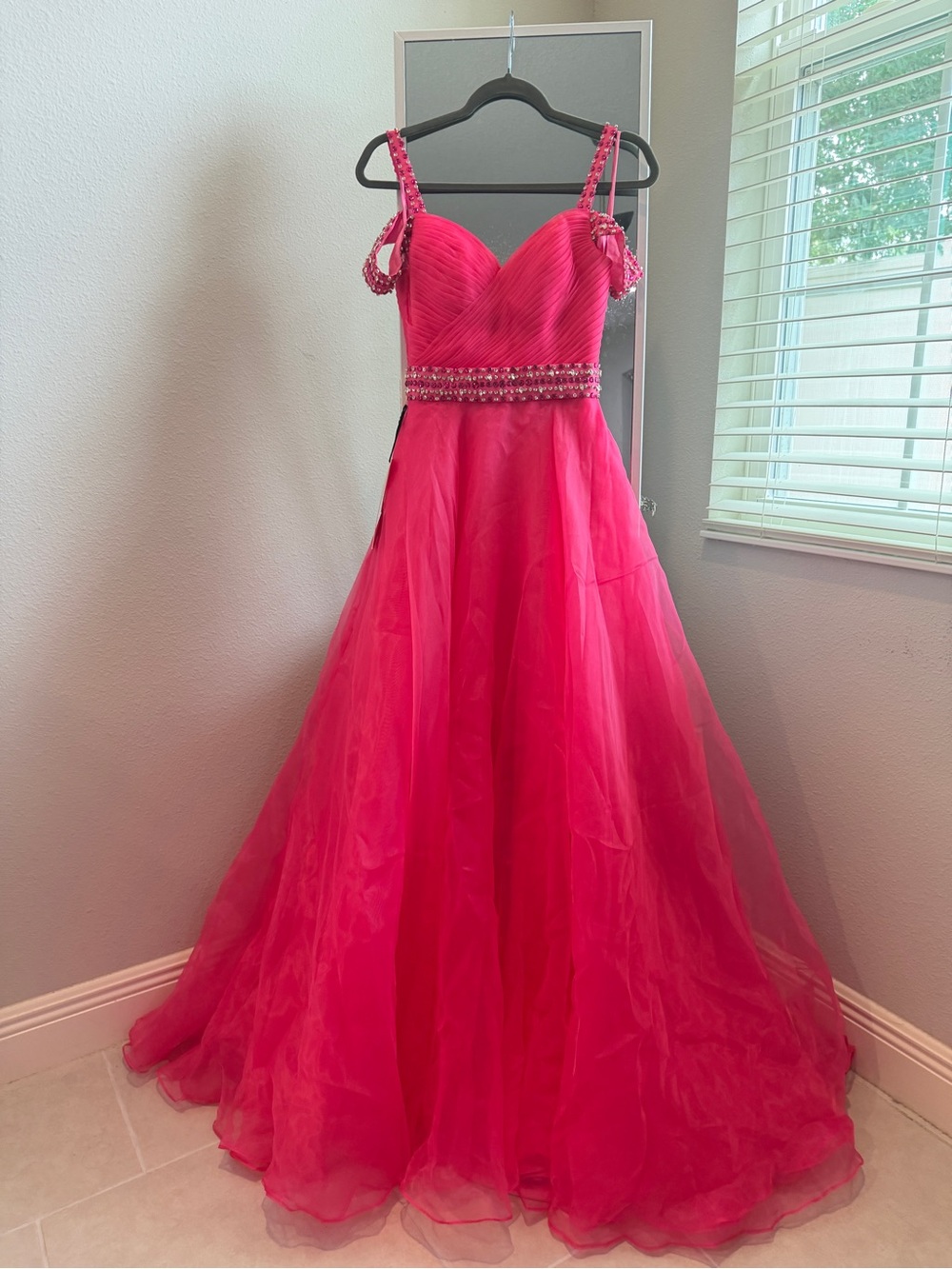 NWT Hot Pink Beaded Waist Prom/Pageant Gown with Spaghetti Straps